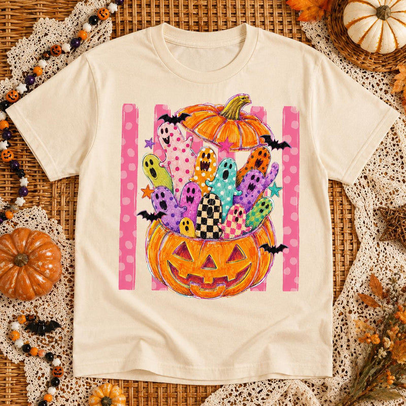 Cute Halloween Sweatshirt Colorful Ghost Pumpkin Design Halloween Fall Women Cute Doodle Style
