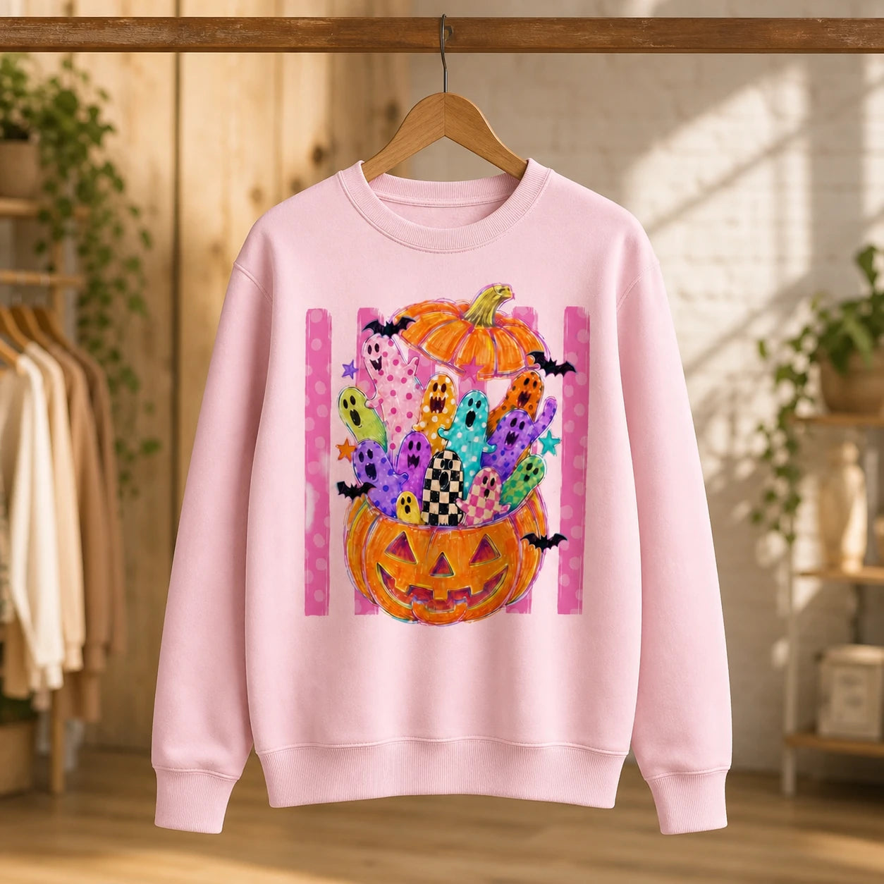 Cute Halloween Sweatshirt Colorful Ghost Pumpkin Design Halloween Fall Women Cute Doodle Style