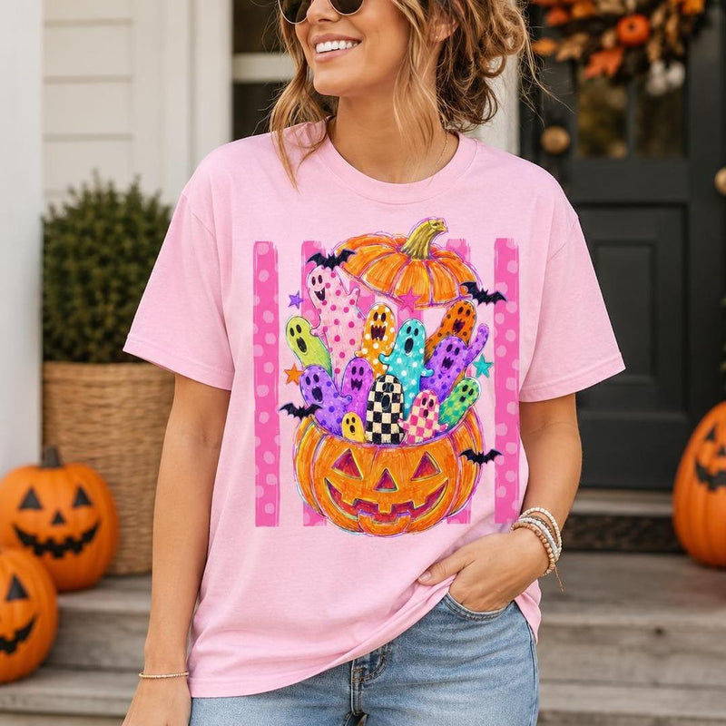 Cute Halloween Sweatshirt Colorful Ghost Pumpkin Design Halloween Fall Women Cute Doodle Style