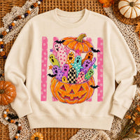 Cute Halloween Sweatshirt Colorful Ghost Pumpkin Design Halloween Fall Women Cute Doodle Style