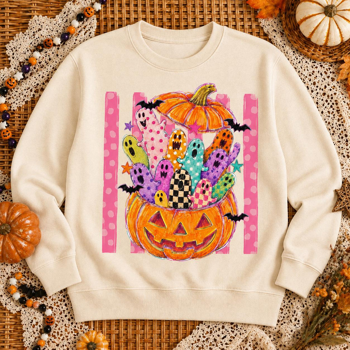 Cute Halloween Sweatshirt Colorful Ghost Pumpkin Design Halloween Fall Women Cute Doodle Style