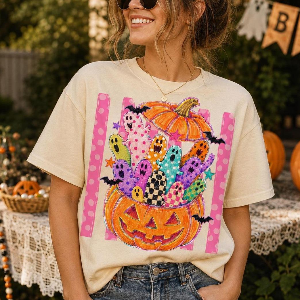 Cute Halloween Sweatshirt Colorful Ghost Pumpkin Design Halloween Fall Women Cute Doodle Style