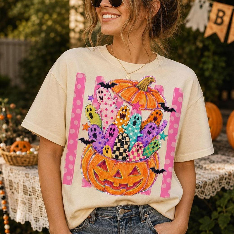 Cute Halloween Sweatshirt Colorful Ghost Pumpkin Design Halloween Fall Women Cute Doodle Style