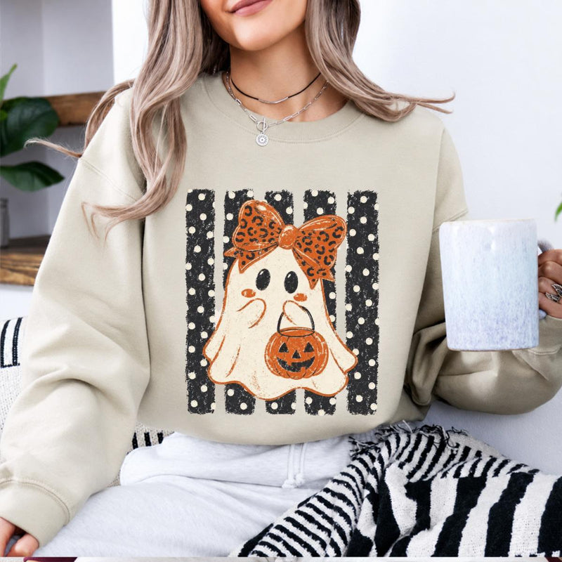 Cute Halloween Sweatshirt Ghost Bow Pumpkin Spooky Season Women Retro Cute Design