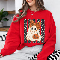Cute Halloween Sweatshirt Ghost Bow Pumpkin Spooky Season Women Retro Cute Design