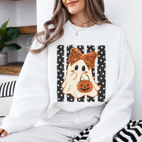 Cute Halloween Sweatshirt Ghost Bow Pumpkin Spooky Season Women Retro Cute Design