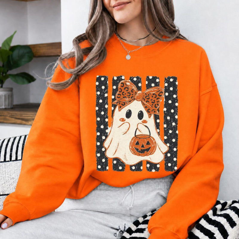 Cute Halloween Sweatshirt Ghost Bow Pumpkin Spooky Season Women Retro Cute Design