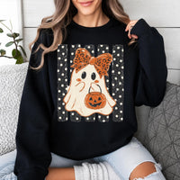 Cute Halloween Sweatshirt Ghost Bow Pumpkin Spooky Season Women Retro Cute Design