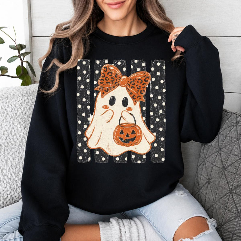 Cute Halloween Sweatshirt Ghost Bow Pumpkin Spooky Season Women Retro Cute Design