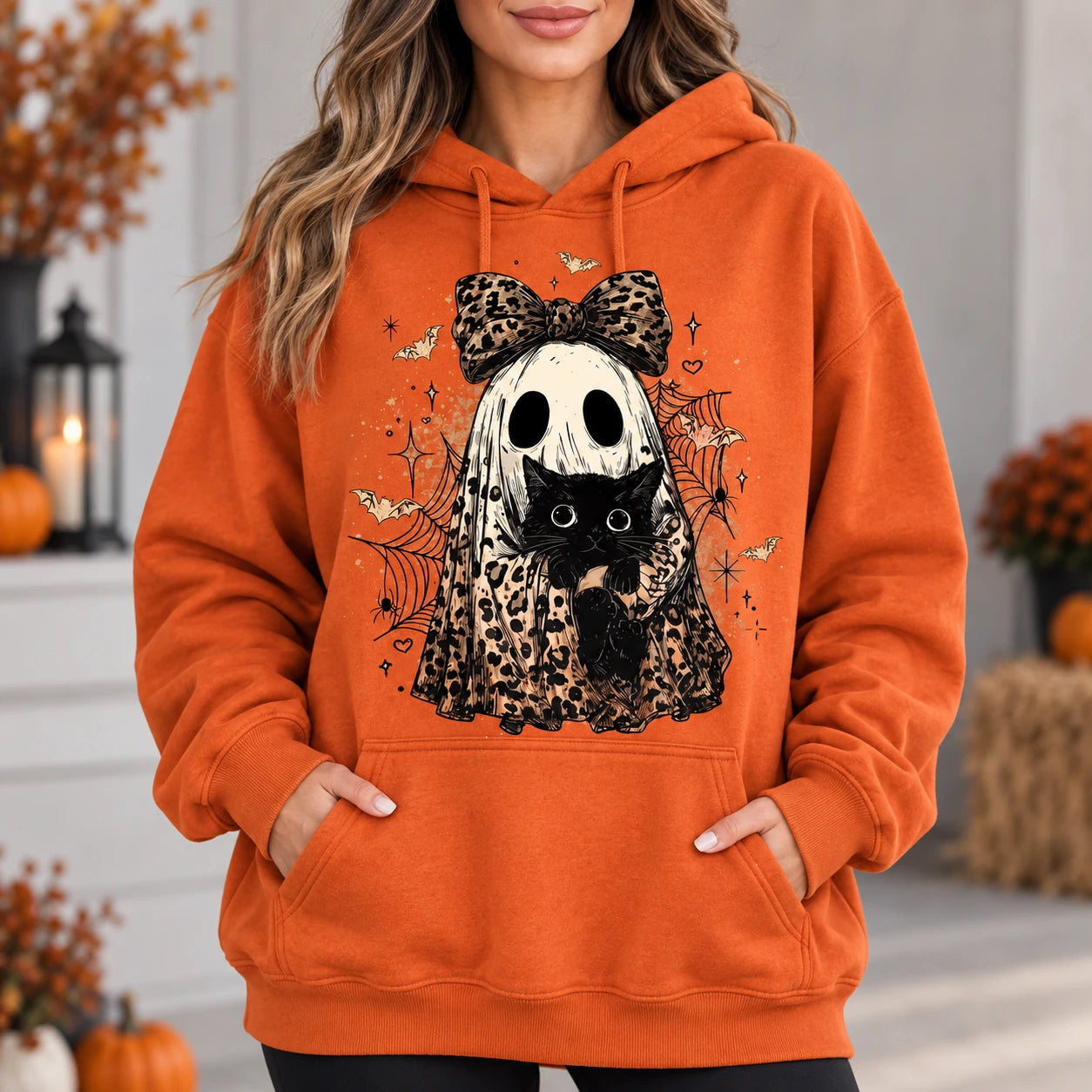 Cute Leopard Ghost Cat Graphic Hoodie, Retro Spooky Black Kitten Fall for Women