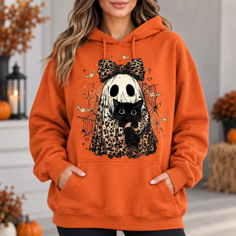 Cute Leopard Ghost Cat Graphic Hoodie, Retro Spooky Black Kitten Fall for Women