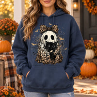 Cute Leopard Ghost Cat Graphic Hoodie, Retro Spooky Black Kitten Fall for Women