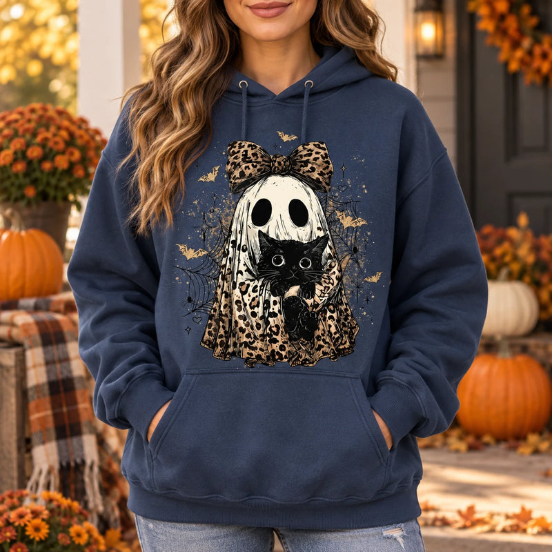 Cute Leopard Ghost Cat Graphic Hoodie, Retro Spooky Black Kitten Fall for Women