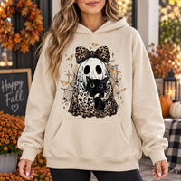 Cute Leopard Ghost Cat Graphic Hoodie, Retro Spooky Black Kitten Fall for Women