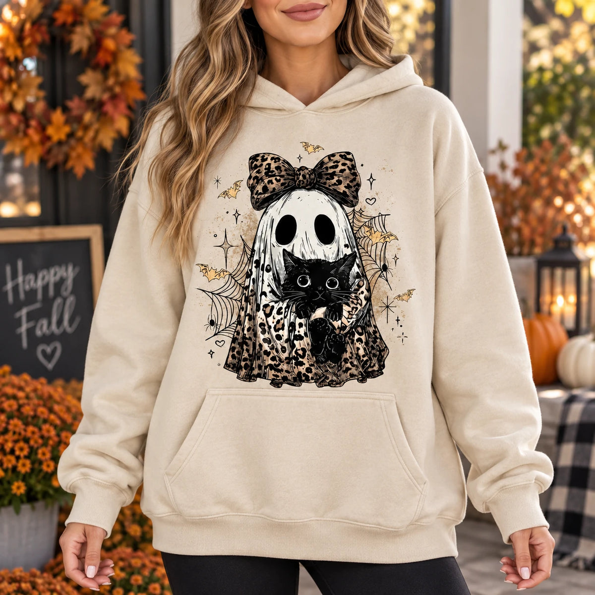 Cute Leopard Ghost Cat Graphic Hoodie, Retro Spooky Black Kitten Fall for Women