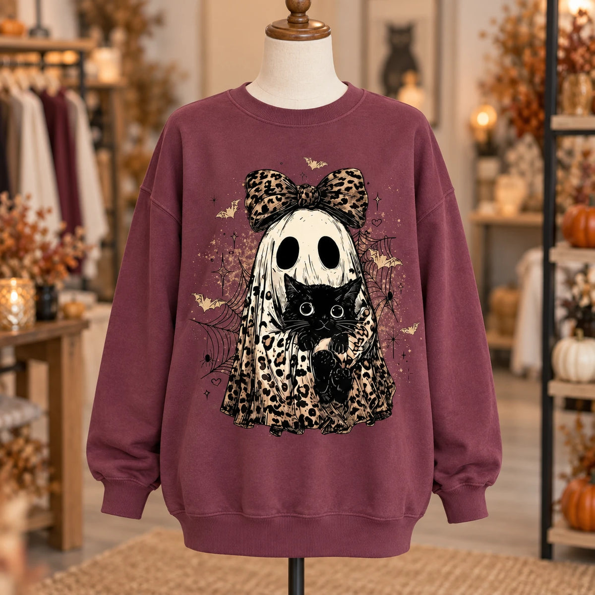 Cute Leopard Ghost Cat Graphic Hoodie, Retro Spooky Black Kitten Fall for Women