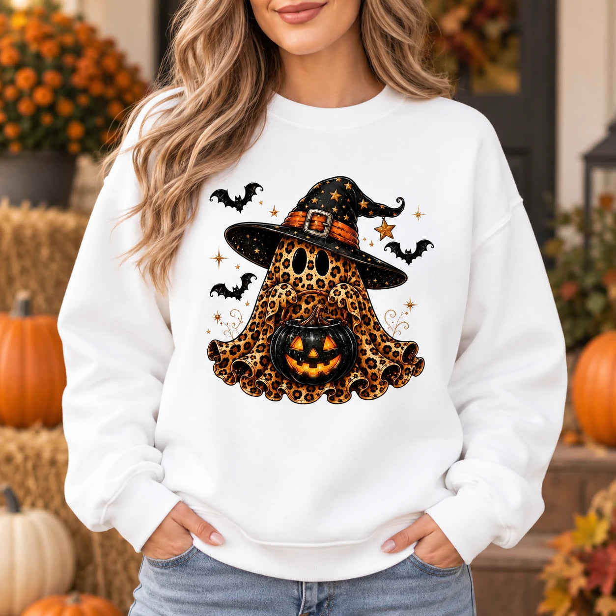 Cute Leopard Print Ghost Graphic Sweatshirt Women Spooky Season Halloween Outfit Pullover Top