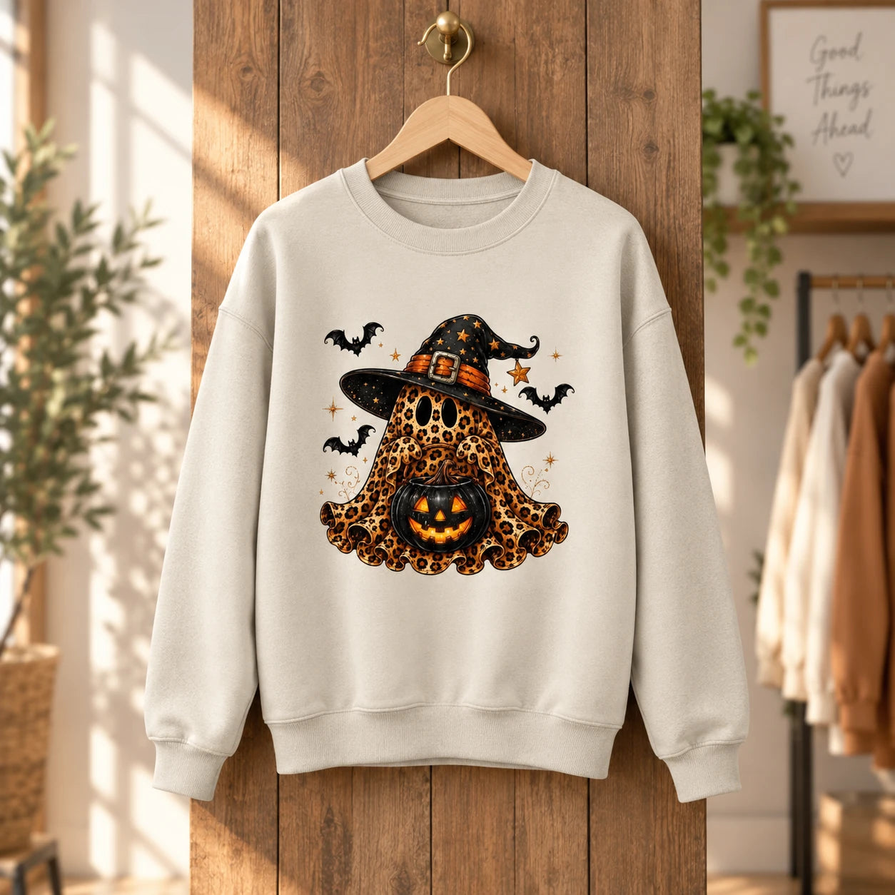 Cute Leopard Print Ghost Graphic Sweatshirt Women Spooky Season Halloween Outfit Pullover Top