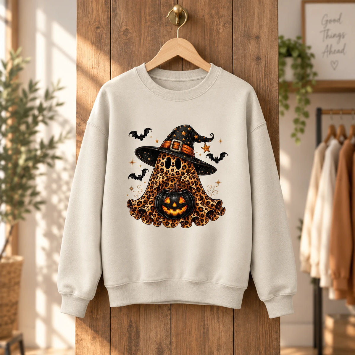 Cute Leopard Print Ghost Graphic Sweatshirt Women Spooky Season Halloween Outfit Pullover Top