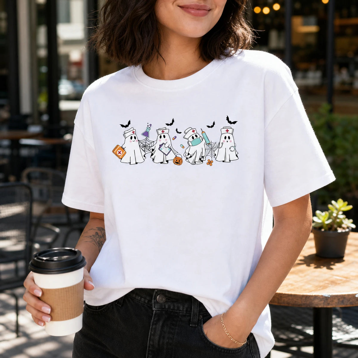 Cute Nurse Ghost Halloween Shirt Funny Nursing Spooky Medical Graphic Tee