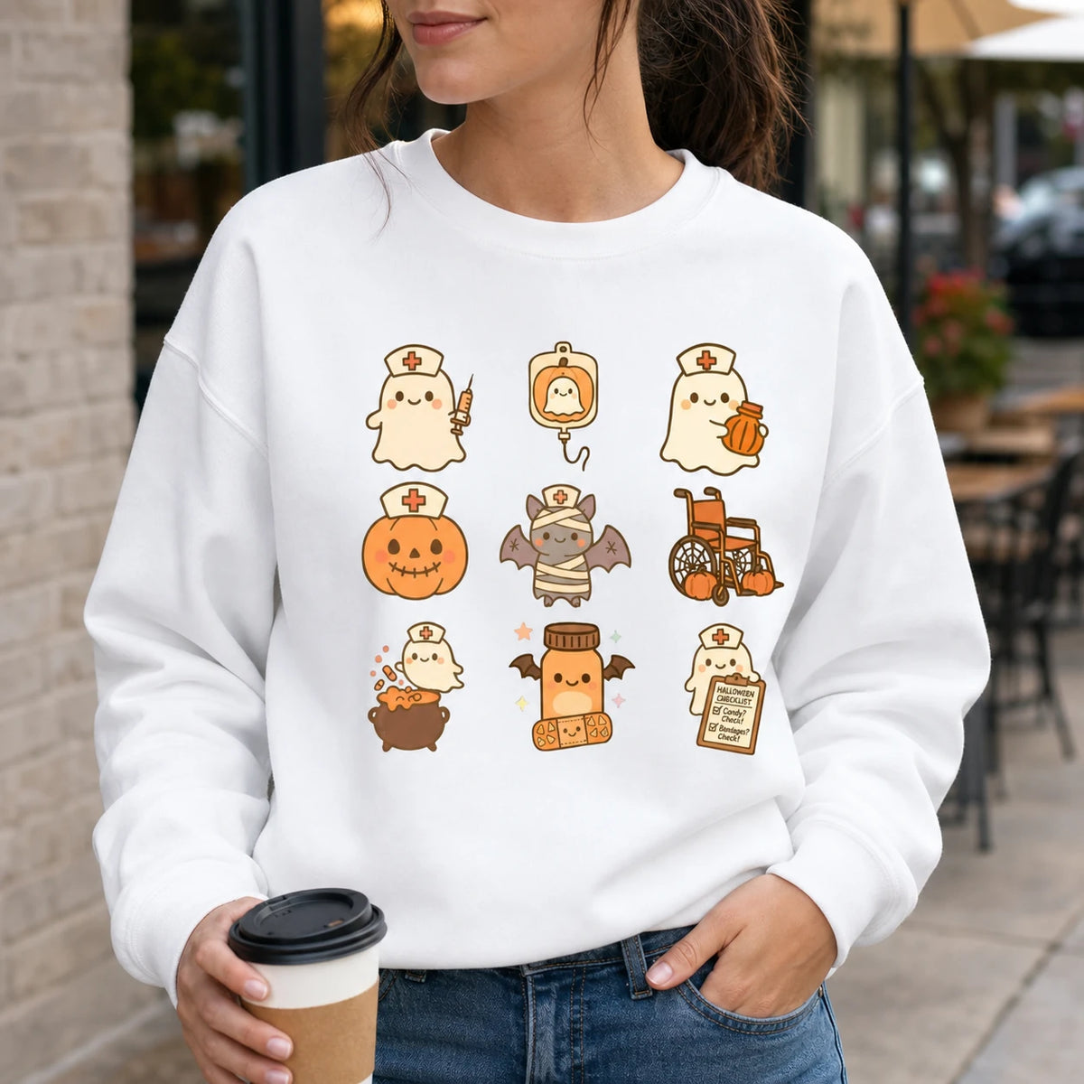 Cute Nurse Ghost Halloween Shirt Spooky Healthcare Kawaii Medical Graphic Tee Sweatshirt for RN CNA