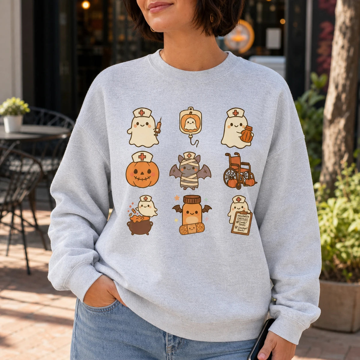 Cute Nurse Ghost Halloween Shirt Spooky Healthcare Kawaii Medical Graphic Tee Sweatshirt for RN CNA