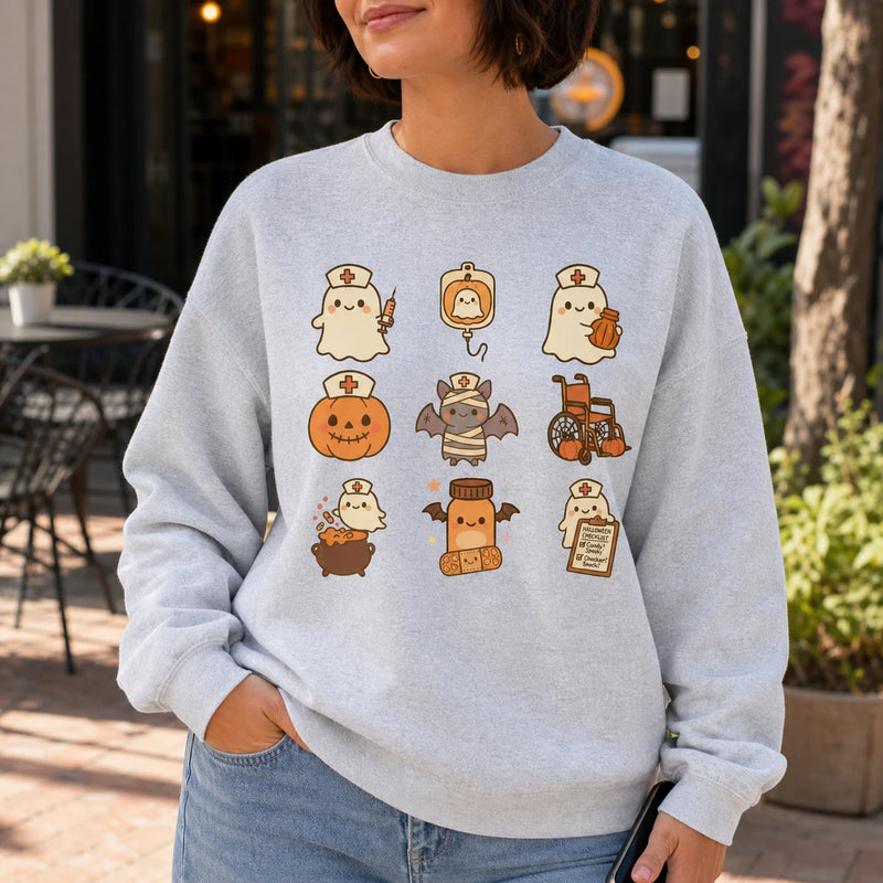 Cute Nurse Ghost Halloween Shirt Spooky Healthcare Kawaii Medical Graphic Tee Sweatshirt for RN CNA