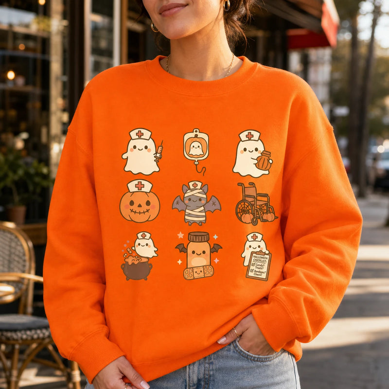 Cute Nurse Ghost Halloween Shirt Spooky Healthcare Kawaii Medical Graphic Tee Sweatshirt for RN CNA