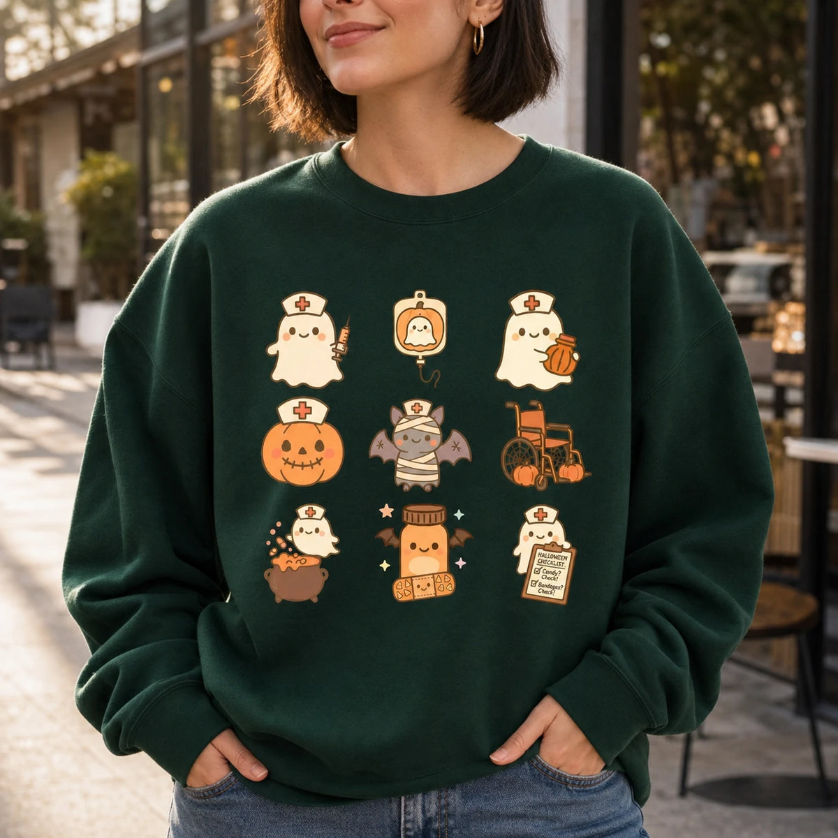 Cute Nurse Ghost Halloween Shirt Spooky Healthcare Kawaii Medical Graphic Tee Sweatshirt for RN CNA