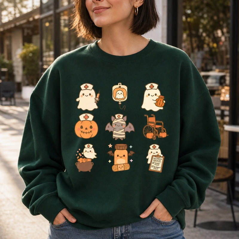 Cute Nurse Ghost Halloween Shirt Spooky Healthcare Kawaii Medical Graphic Tee Sweatshirt for RN CNA