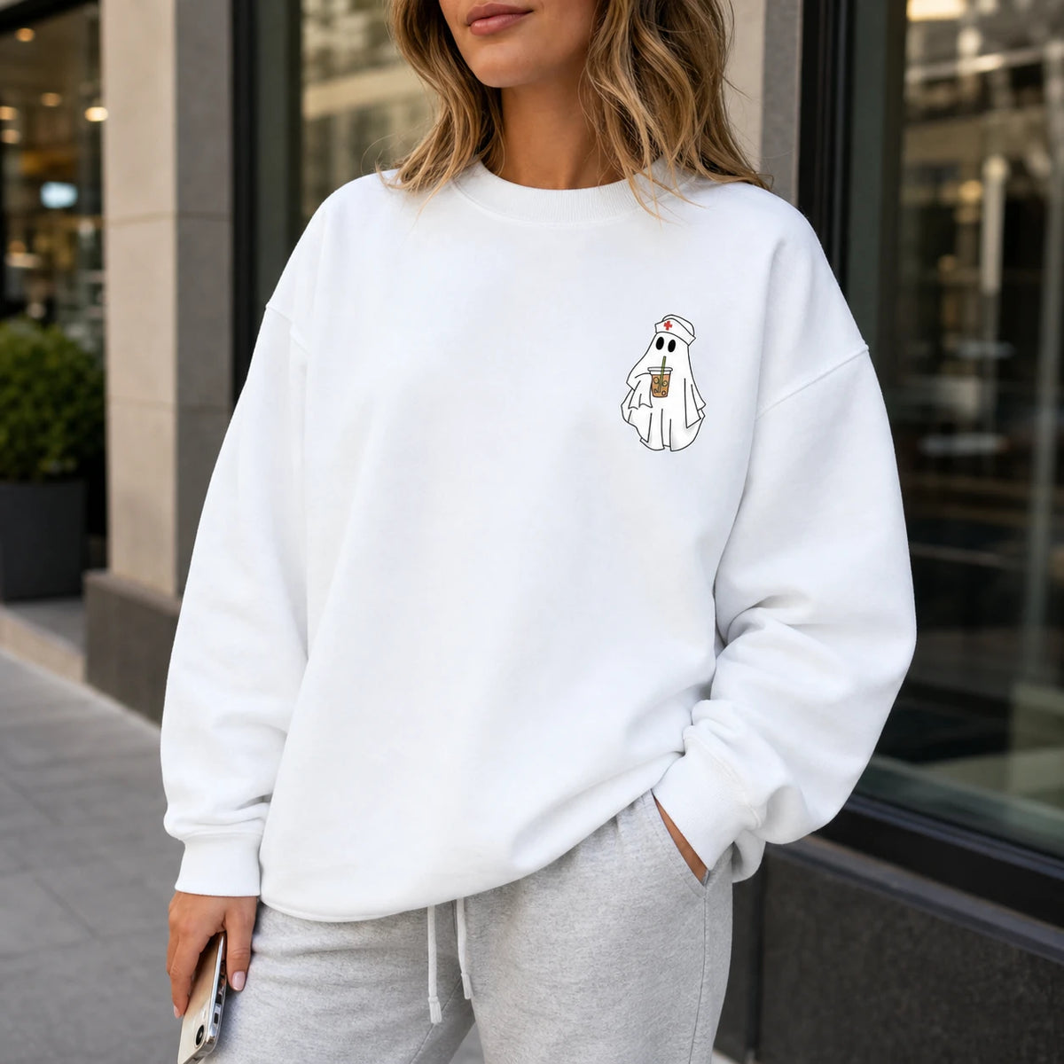 Cute Nurse Ghost Pocket Shirt Halloween RN CNA Minimalist T-Shirt & Sweatshirt