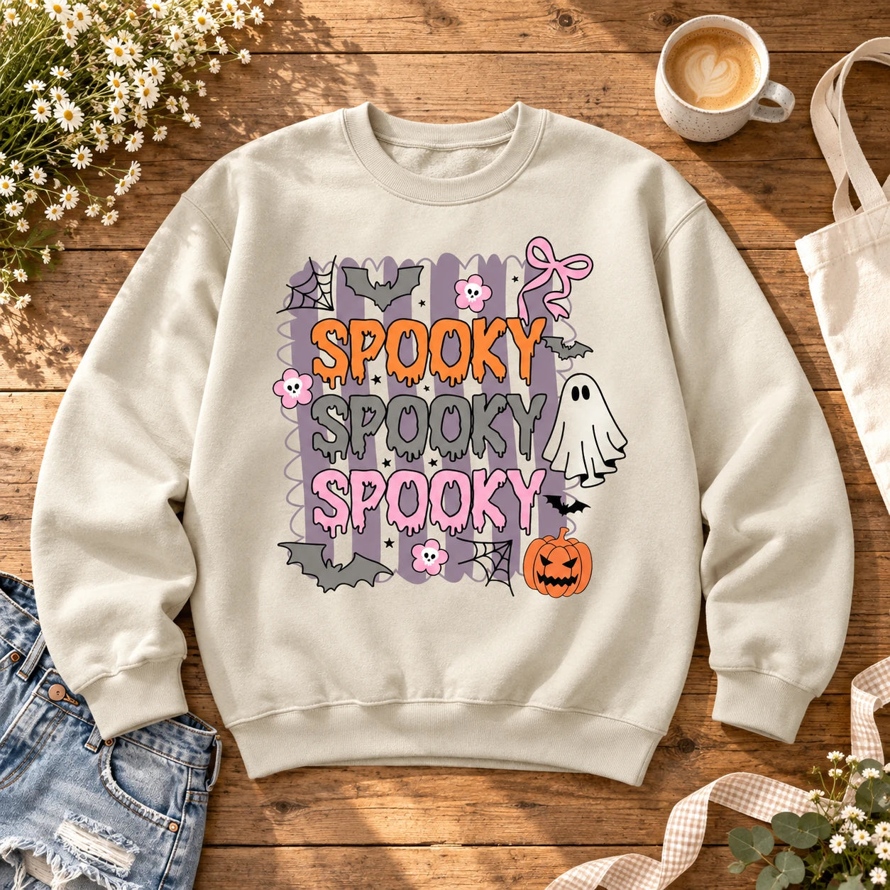 Cute Pastel Spooky Graphic Sweatshirt and T-Shirt - Retro Fall Halloween Tops for Women
