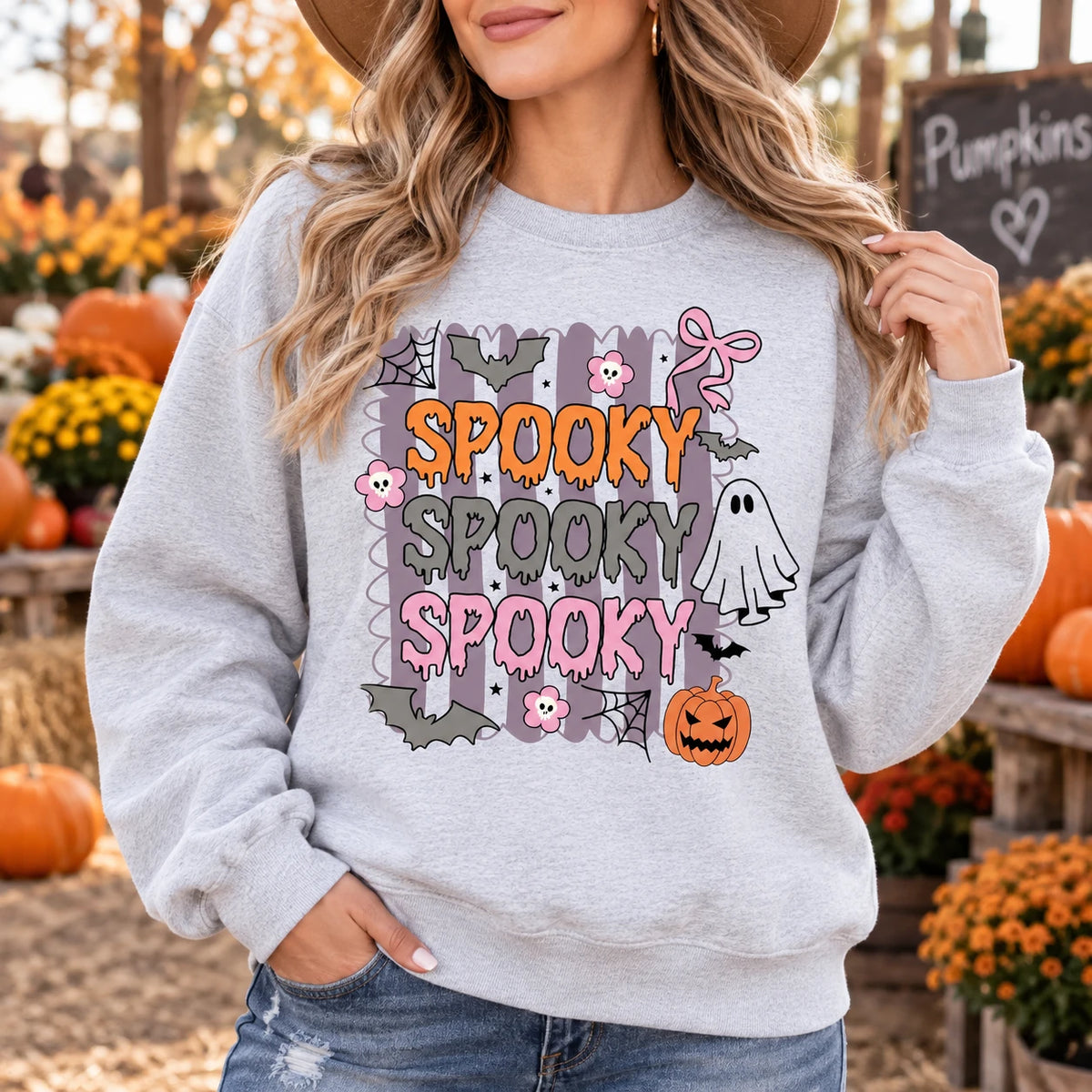 Cute Pastel Spooky Graphic Sweatshirt and T-Shirt - Retro Fall Halloween Tops for Women