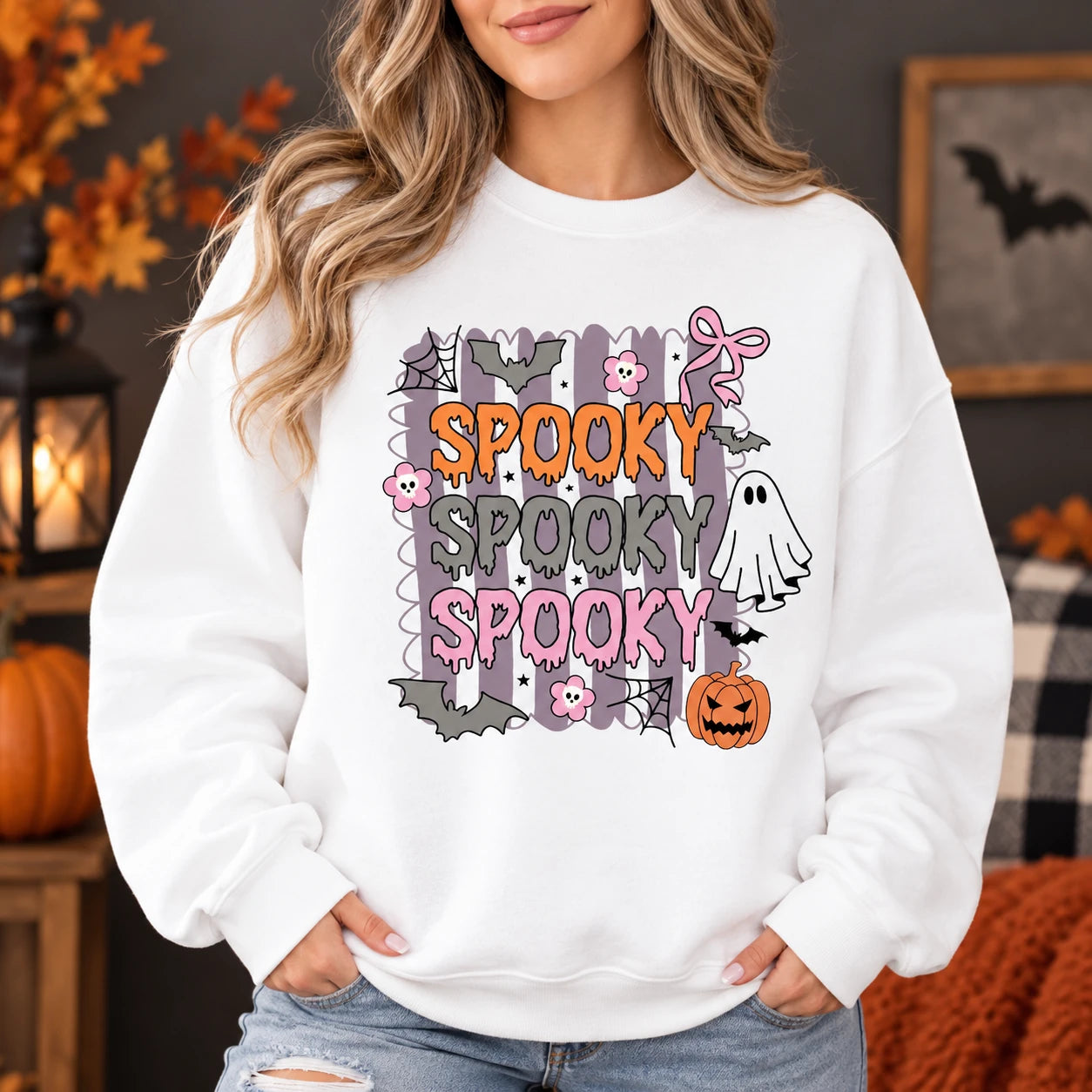 Cute Pastel Spooky Graphic Sweatshirt and T-Shirt - Retro Fall Halloween Tops for Women