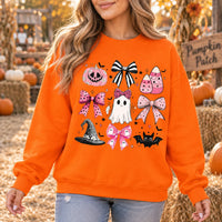 Cute Pink Ghost Bow Halloween Graphic Pullover Sweatshirt & T-Shirt, Pastel Coquette Spooky Season Fall Apparel for Women