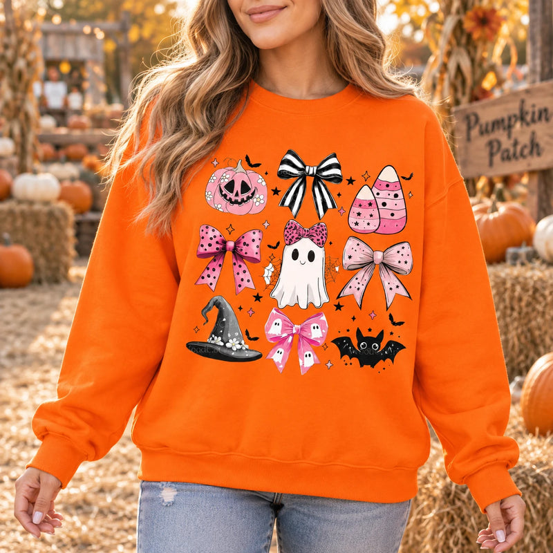 Cute Pink Ghost Bow Halloween Graphic Pullover Sweatshirt & T-Shirt, Pastel Coquette Spooky Season Fall Apparel for Women