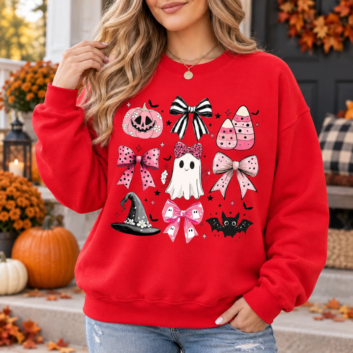 Cute Pink Ghost Bow Halloween Graphic Pullover Sweatshirt & T-Shirt, Pastel Coquette Spooky Season Fall Apparel for Women