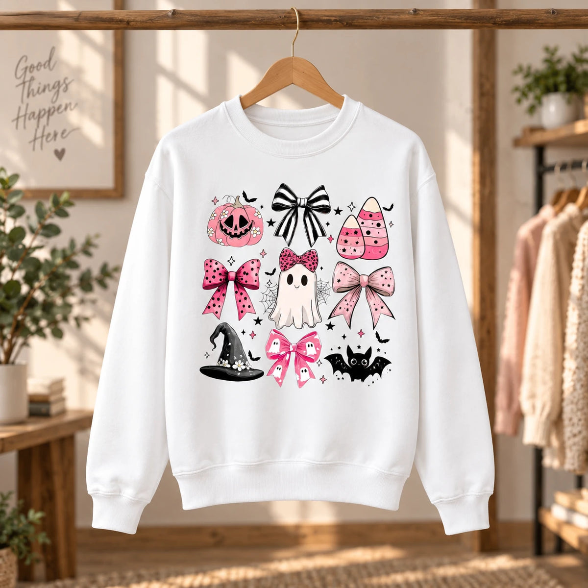 Cute Pink Ghost Bow Halloween Graphic Pullover Sweatshirt & T-Shirt, Pastel Coquette Spooky Season Fall Apparel for Women