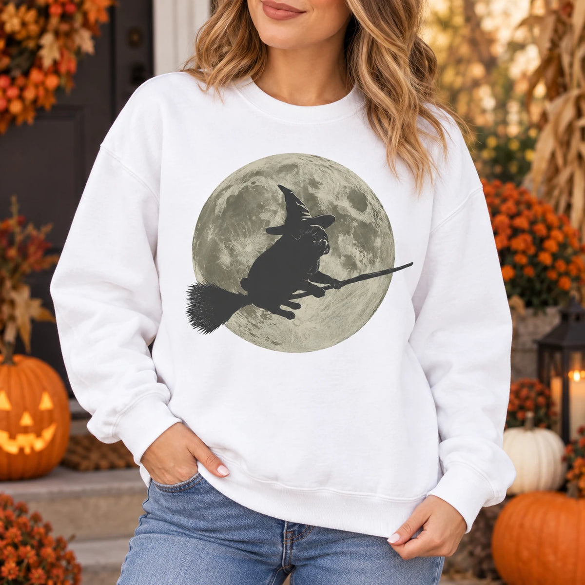 Cute Pug Witch Flying on Broom T-Shirt & Sweatshirt Full Moon Spooky Season Dog Lover Graphic Top