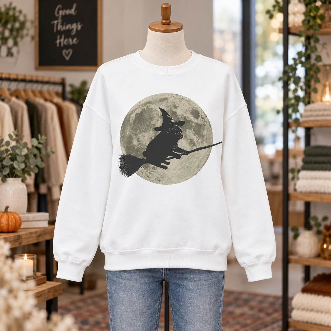 Cute Pug Witch Flying on Broom T-Shirt & Sweatshirt Full Moon Spooky Season Dog Lover Graphic Top
