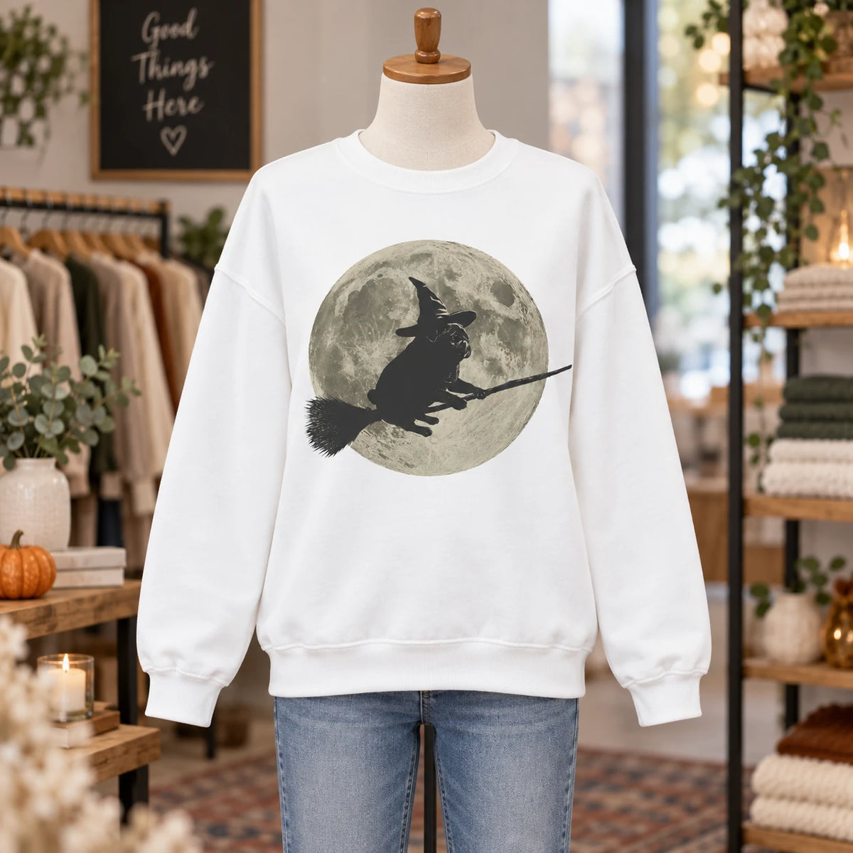 Cute Pug Witch Flying on Broom T-Shirt & Sweatshirt Full Moon Spooky Season Dog Lover Graphic Top