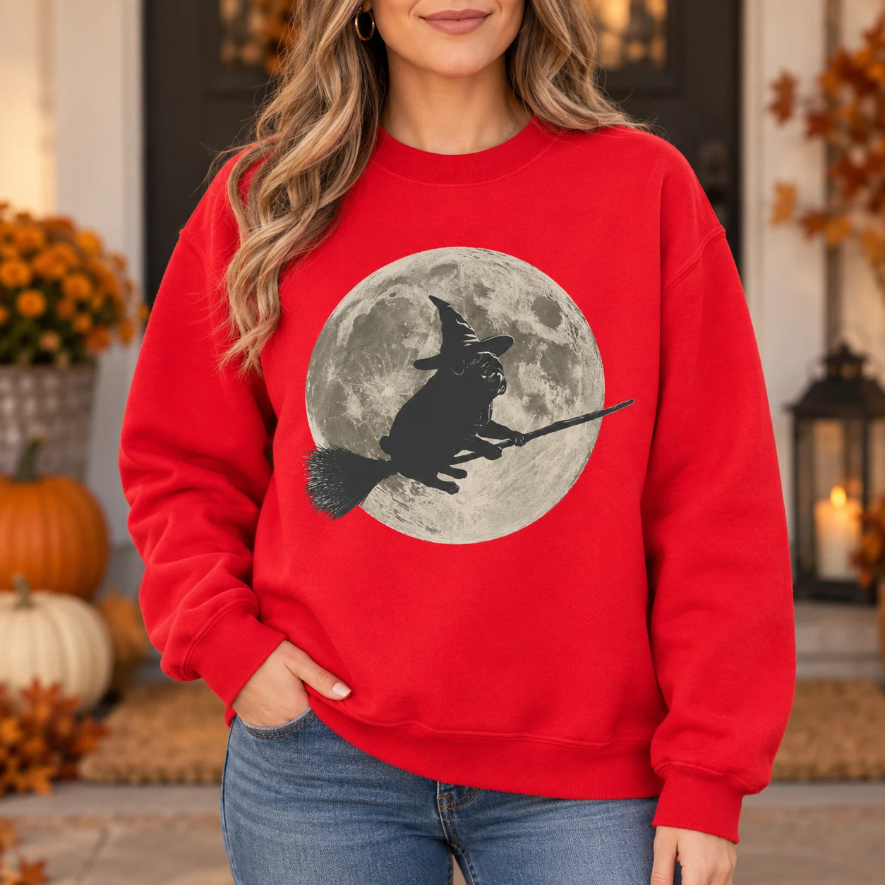 Cute Pug Witch Flying on Broom T-Shirt & Sweatshirt Full Moon Spooky Season Dog Lover Graphic Top