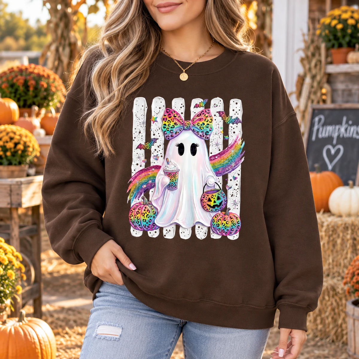 Cute Rainbow Ghost Leopard Bow Sweatshirt Girly Halloween Crewneck Spooky Season Fall Pullover