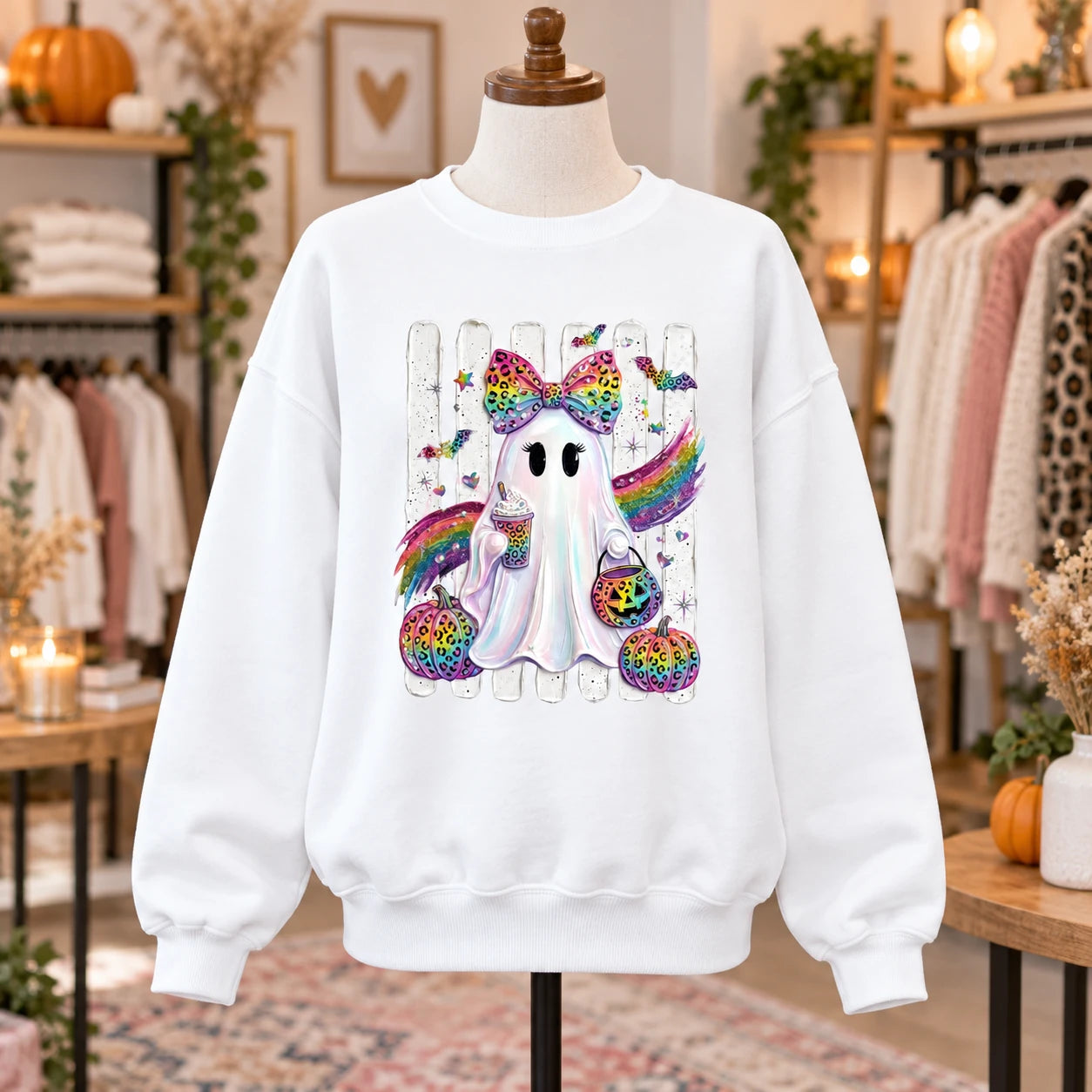 Cute Rainbow Ghost Leopard Bow Sweatshirt Girly Halloween Crewneck Spooky Season Fall Pullover