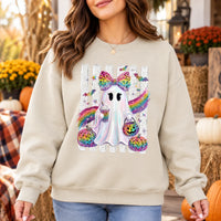 Cute Rainbow Ghost Leopard Bow Sweatshirt Girly Halloween Crewneck Spooky Season Fall Pullover