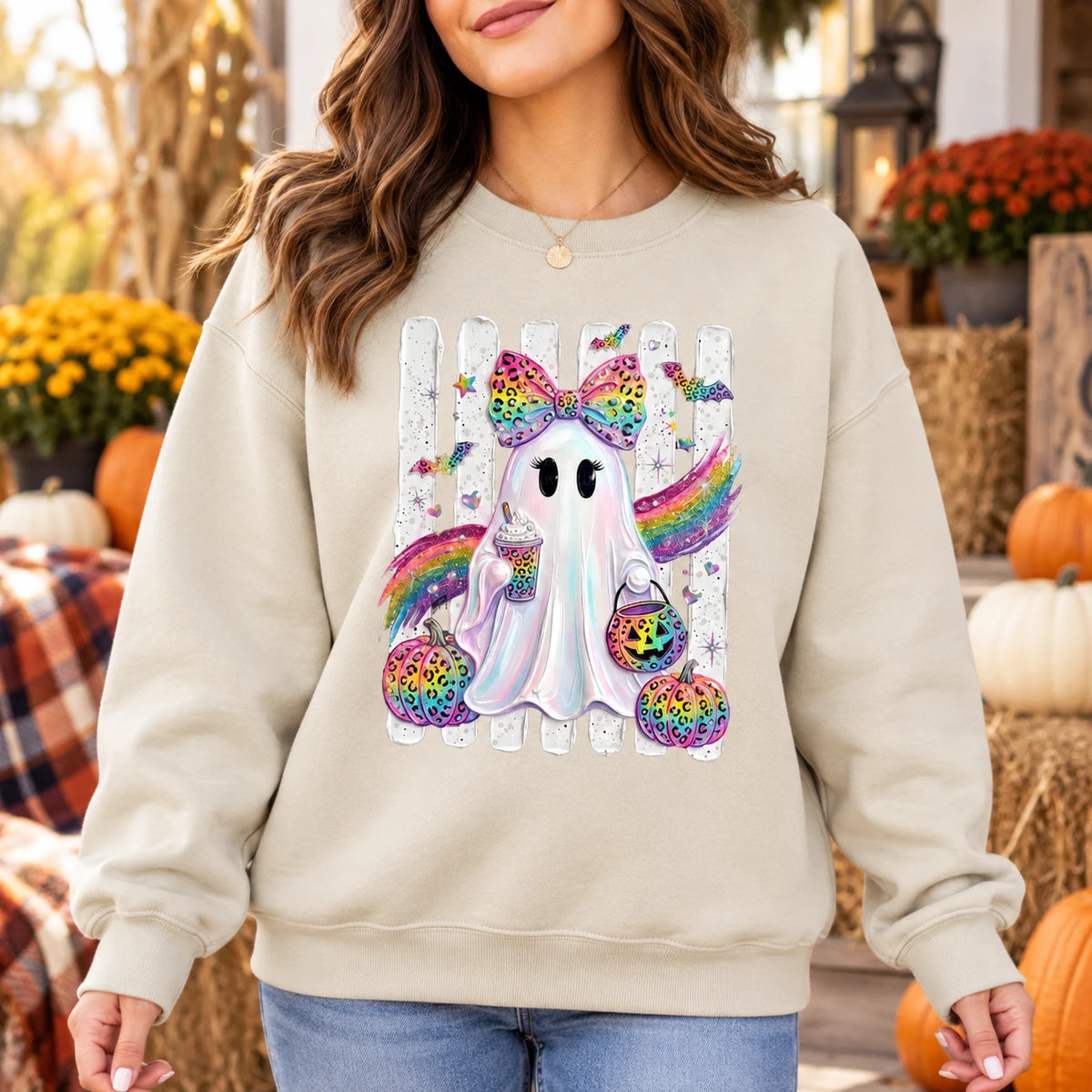 Cute Rainbow Ghost Leopard Bow Sweatshirt Girly Halloween Crewneck Spooky Season Fall Pullover