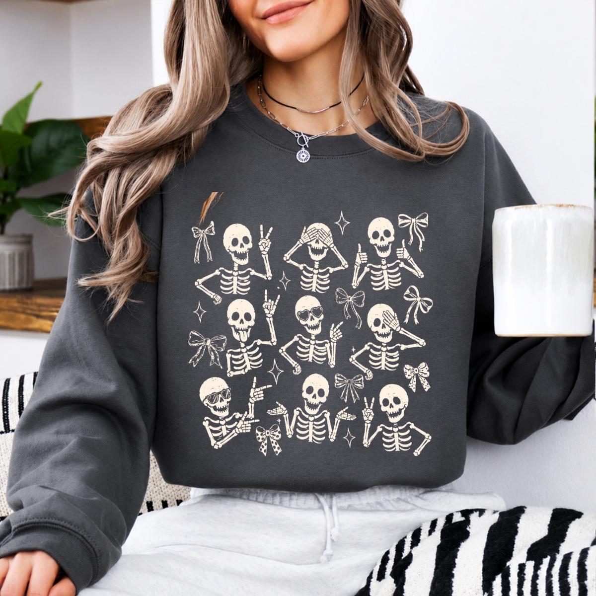 Cute Skeleton Coquette Sweatshirt, Funny Dancing Skeleton, Spooky Season Bow Graphic Gift for Women