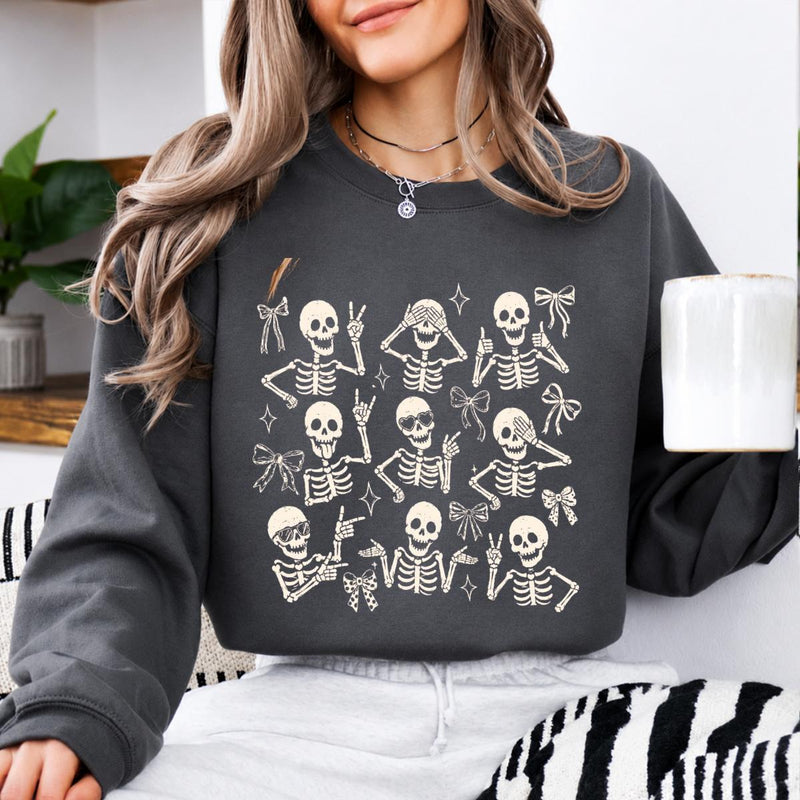 Cute Skeleton Coquette Sweatshirt, Funny Dancing Skeleton, Spooky Season Bow Graphic Gift for Women