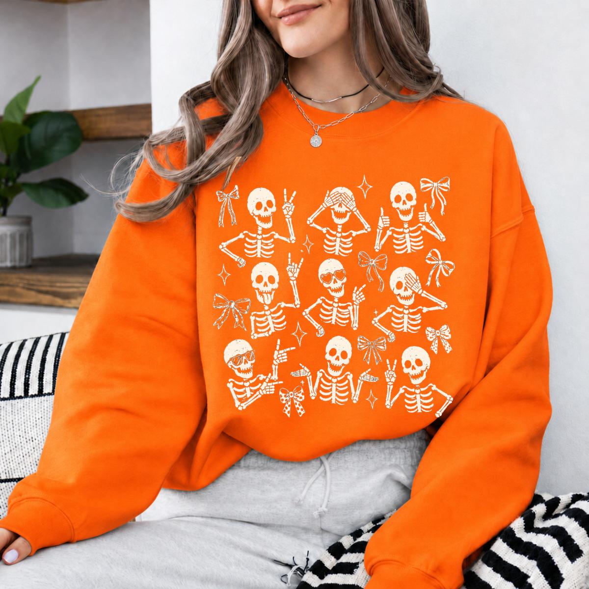 Cute Skeleton Coquette Sweatshirt, Funny Dancing Skeleton, Spooky Season Bow Graphic Gift for Women
