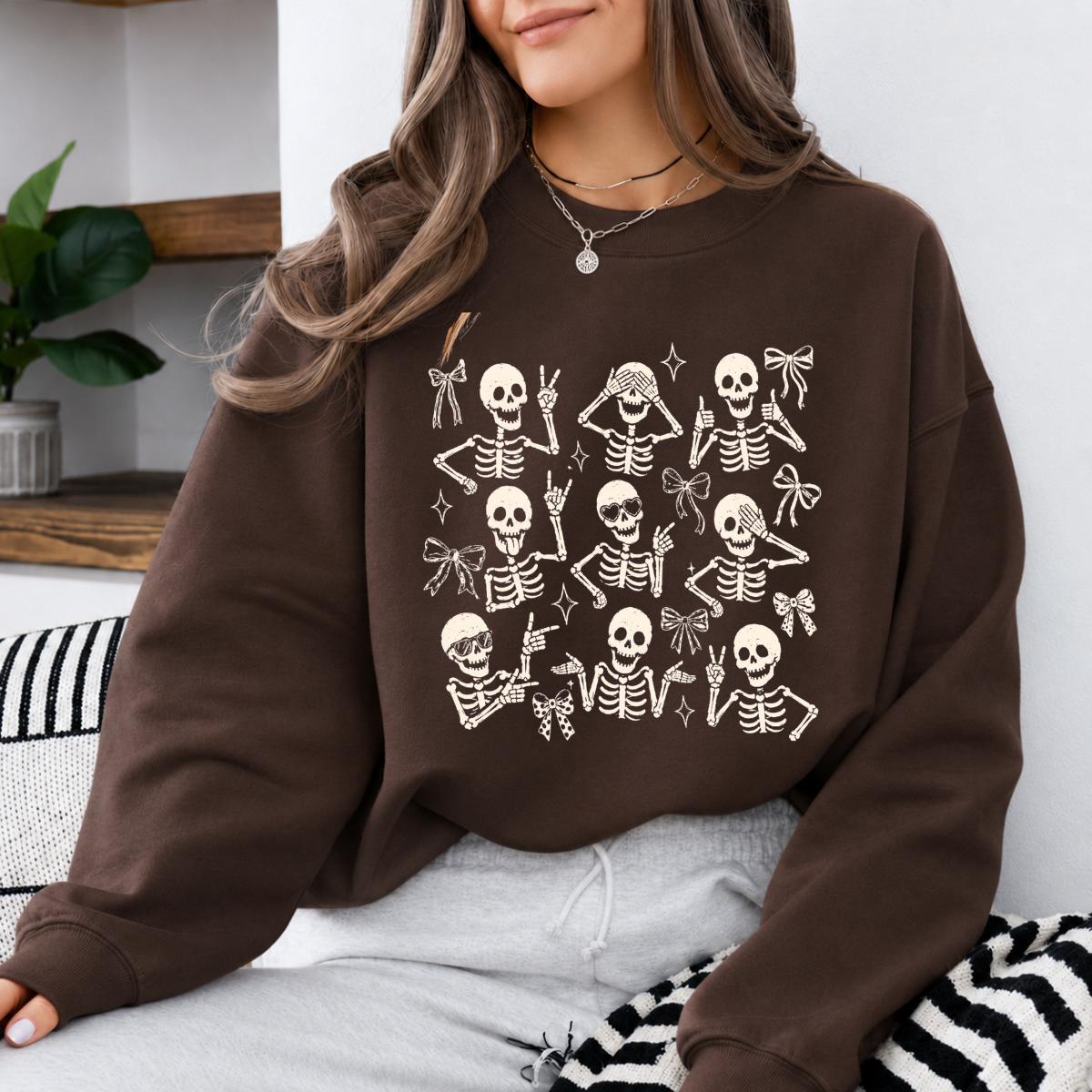Cute Skeleton Coquette Sweatshirt, Funny Dancing Skeleton, Spooky Season Bow Graphic Gift for Women